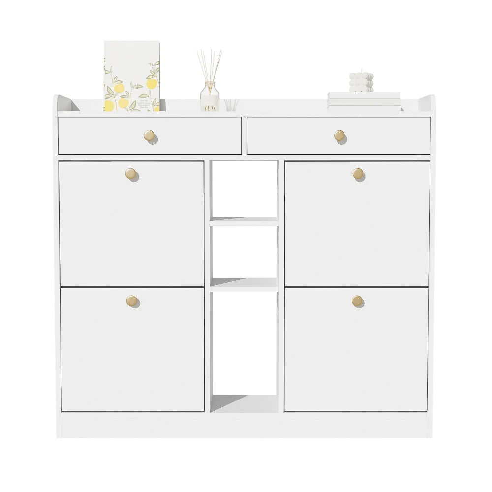 Schoenenkastje – Schoenenrek – Schoenenopbergkast – Halmeubel – Entreekast – Wit – 110x26x100 cm – 4 Klapdeuren Met 2 Lades - QUORE
