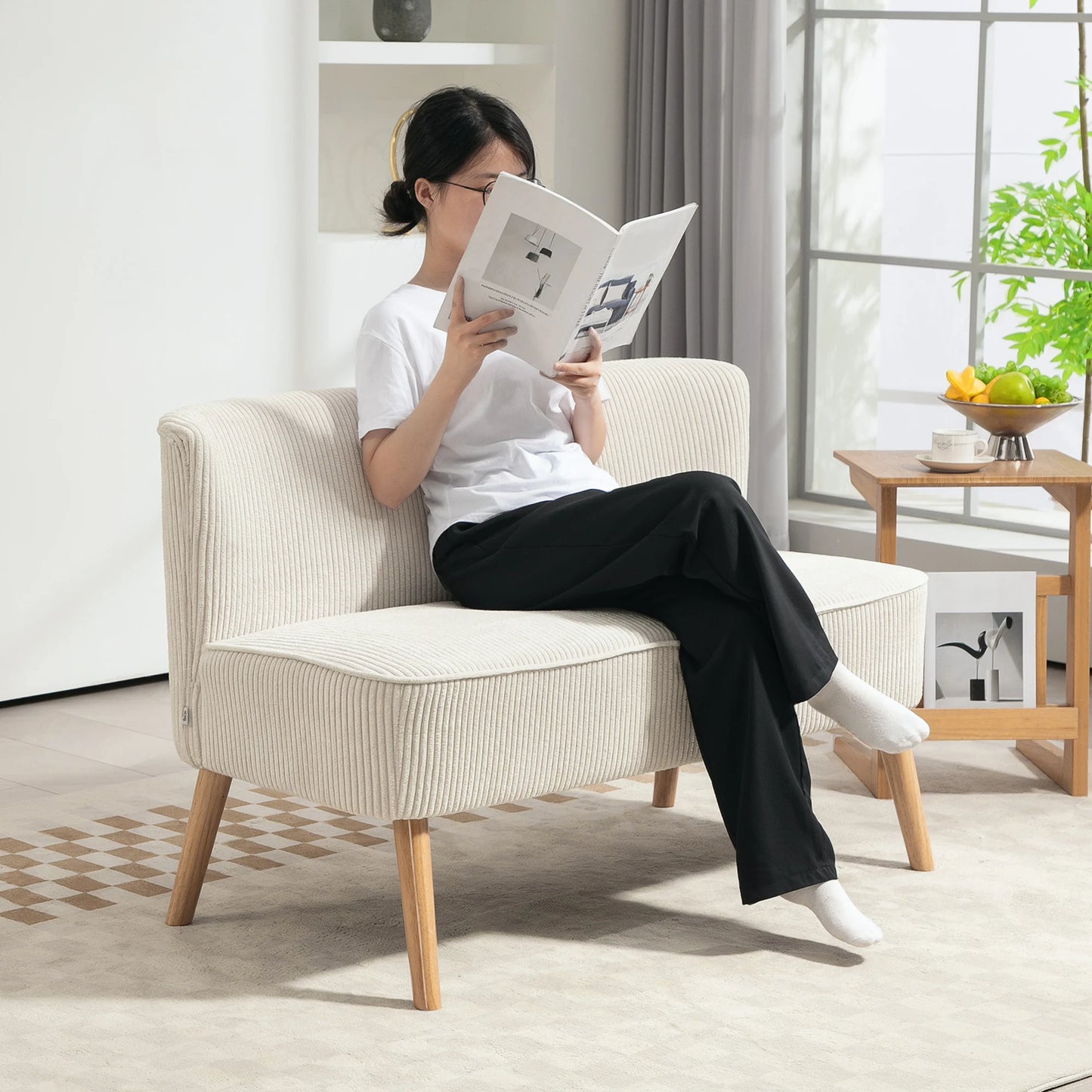 2-Zitsbank – Bank Zonder Armleuningen – Compacte Bank – Velours Sofa – Creme Wit – Ruimtebesparend Ontwerp – Zachte Spongevulling