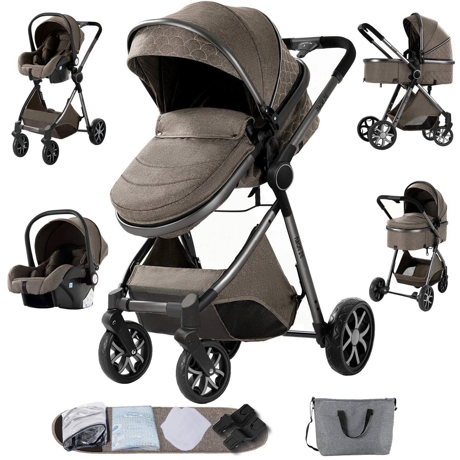 3-in-1 High Landscape Baby Stroller Travel System Bassinet Car Seat Lightweight Frame with One-Hand Folding Feature Baby Items - QUORE
