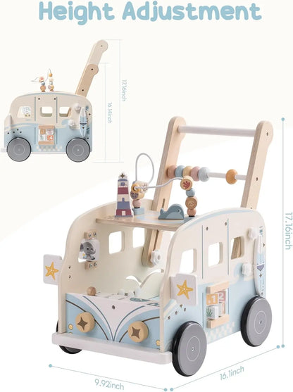 Loopstoel - Loopstoeltje - Loopwagen - Multifunctionele - Houten Wandelaar in Busstijl - voor 1-6 jaar oud - 44 x 33 x 18 cm - Hout & Blauw
