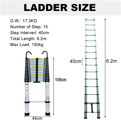 Telescoopladder - Ladder - Trap - Telescopische Ladder - 6.2m – 20.3FT – Verwijderbare Haken – Opvouwbaar & Antislip Voeten – Geschikt voor Loft, Dak & Bouwprojecten - QUORE