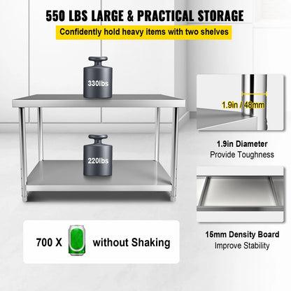 Roestvrijstalen Werktafel - Keukentafel - Keuken Werktafel - Keukeneiland - Werkbank - Verstelbare Onderniveau - 48x24x34inch - Industriële Werktafel RVS - Met Opbergruimte