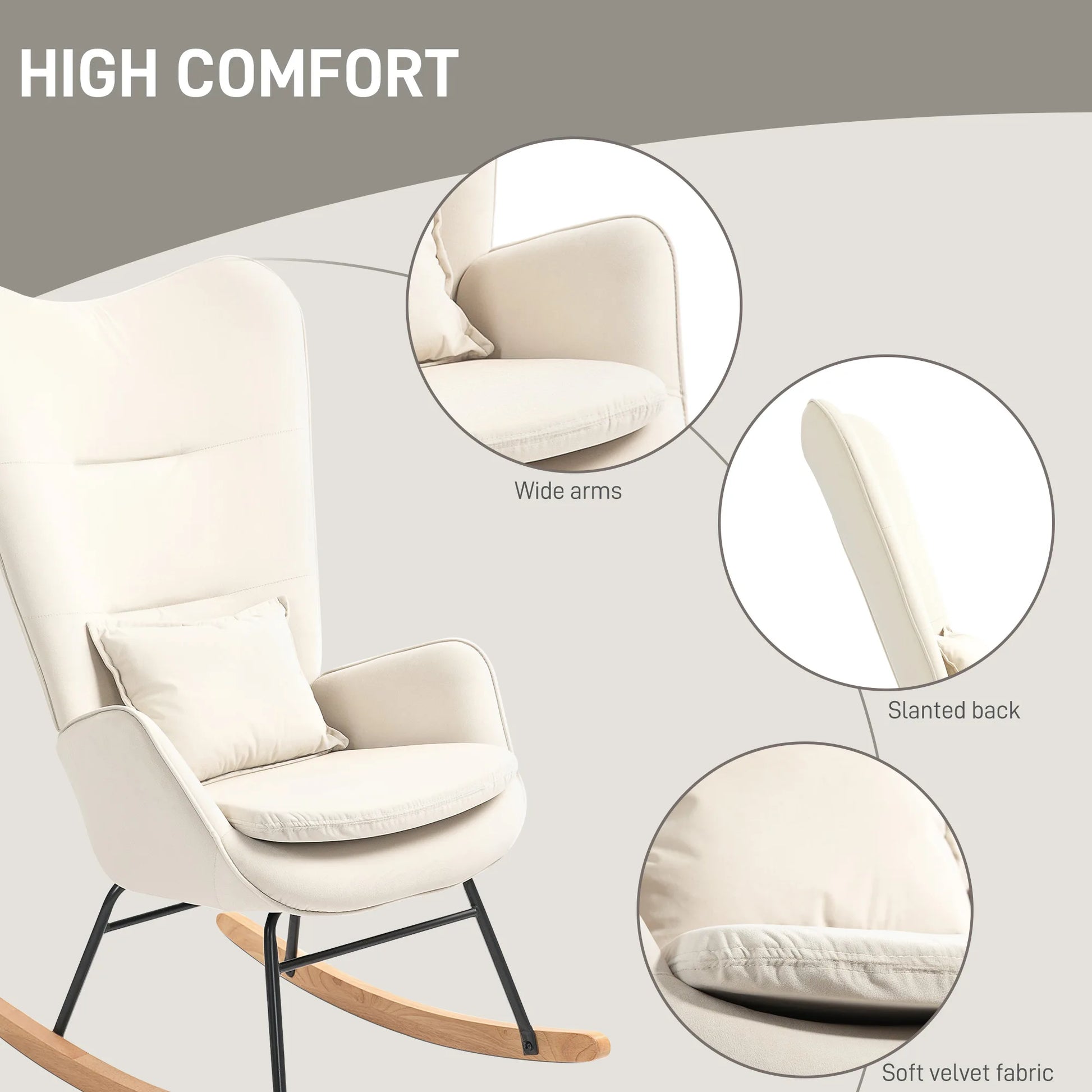 Schommelstoel – Relaxstoel – Loungestoel – Schommelzetel – Velours Bekleding – Ergonomische Rugleuning – Houten Poten - 67 x 85 x 112 cm - Crèmewit - QUORE