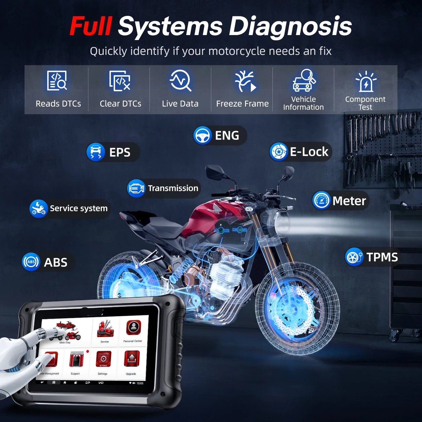 Motorfietsscanner – Diagnoseapparaat – Foutcode Lezer – Service Reset – 7-Inch Touchscreen – WiFi Updates
