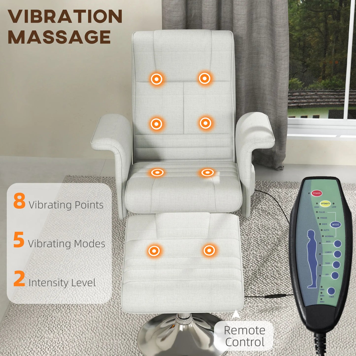 Massagestoel – Relaxfauteuil – Wellnessstoel – Massagefauteuil – Ottoman – 8-Punts Vibrerende Massage – Ademend Linnenstof - Wit