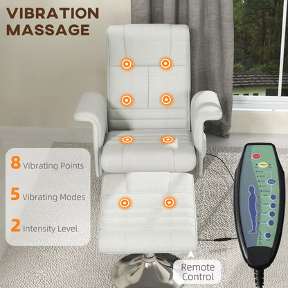 Massagestoel – Relaxfauteuil – Wellnessstoel – Massagefauteuil – Ottoman – 8-Punts Vibrerende Massage – Ademend Linnenstof - Wit