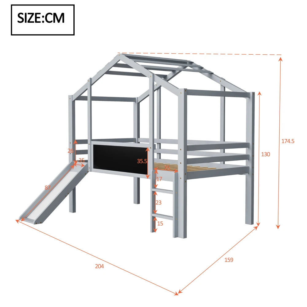 Kinderbed 90 x 200 cm – Hoogslaper – Speelbed – Stapelbed – Videbed – Massief Hout – Glijbaan en Krijtbord – Grijs Variant