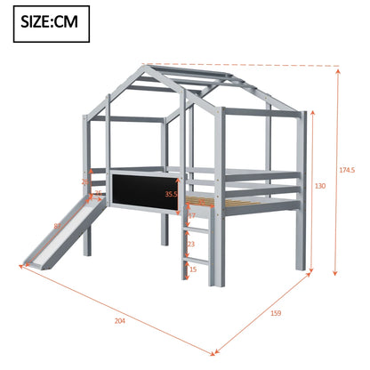 Kinderbed 90 x 200 cm – Hoogslaper – Speelbed – Stapelbed – Videbed – Massief Hout – Glijbaan en Krijtbord – Grijs Variant
