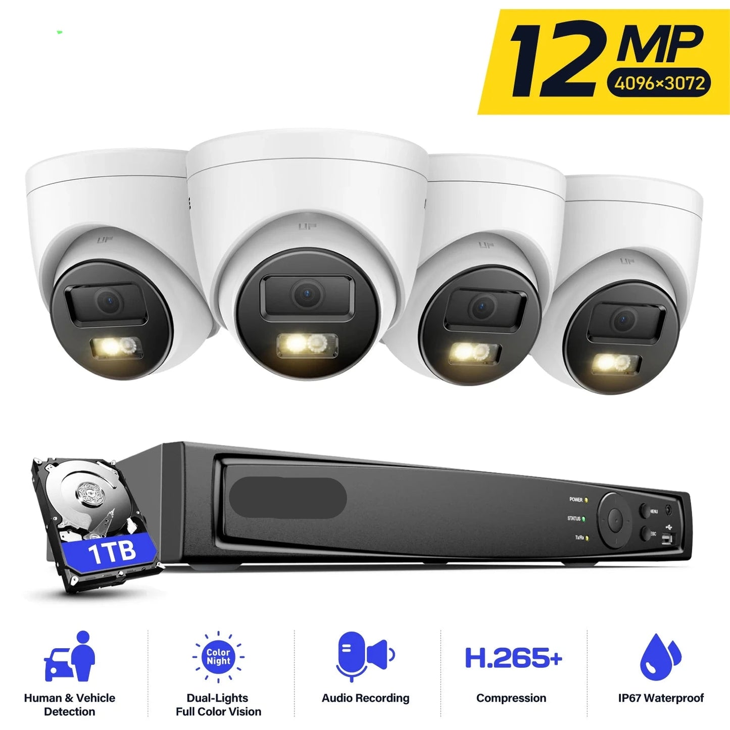 Beveiligingscamerasysteem - CCTV Camerasysteem - Beveiligingscamera - Camerabewaking - met Nachtzicht - 12MP - 8 PoE Camera's en NVR - 4K HDMI - Audio - Bewegingsdetectie - Ingebouwde HDD: 1TB