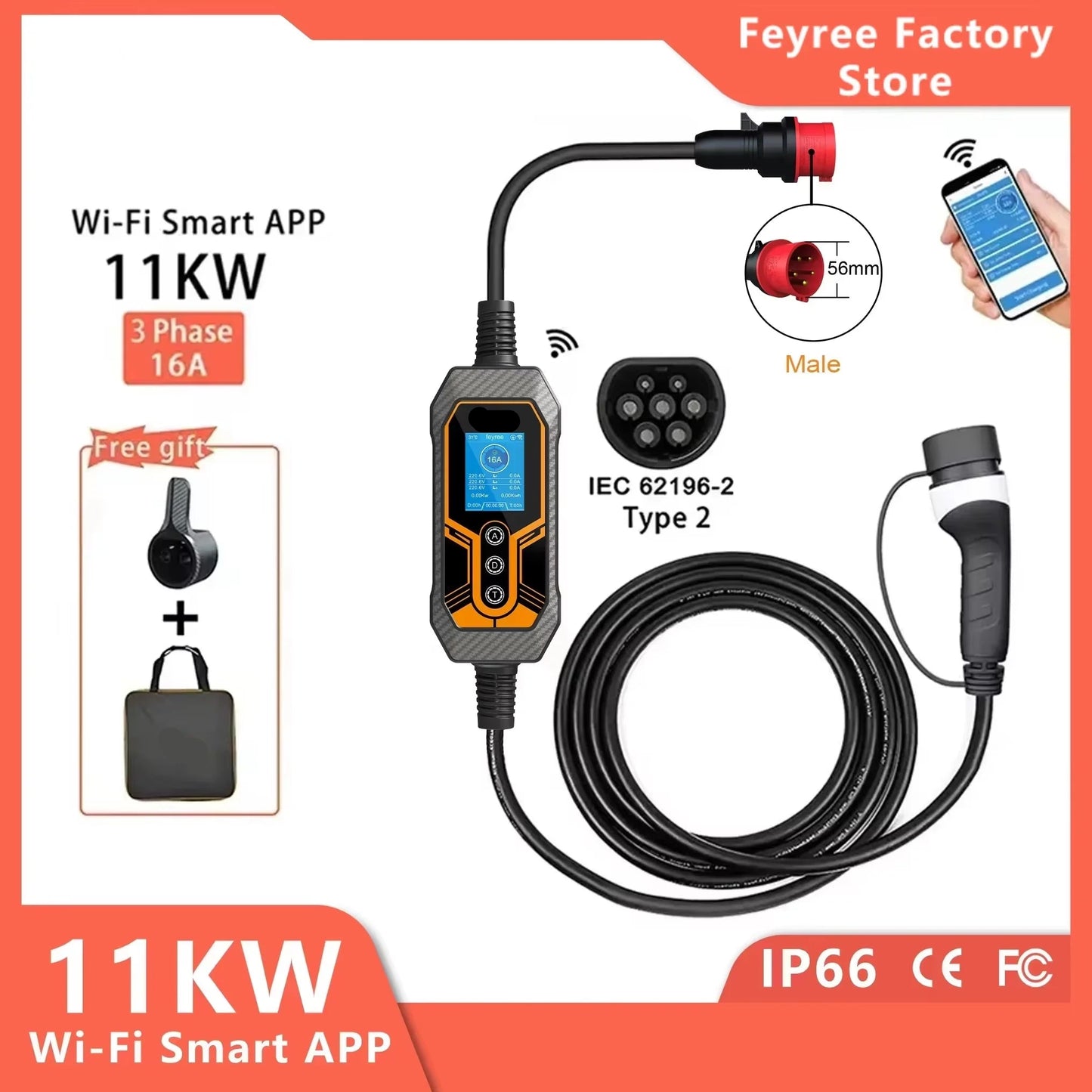 Slimme Thuislader – Elektrische Auto Oplader – Laadpunt – EV Charger – 11 kW Vermogen – Instelbare Laadstroom – IP66 Waterdicht - Type 2 - QUORE