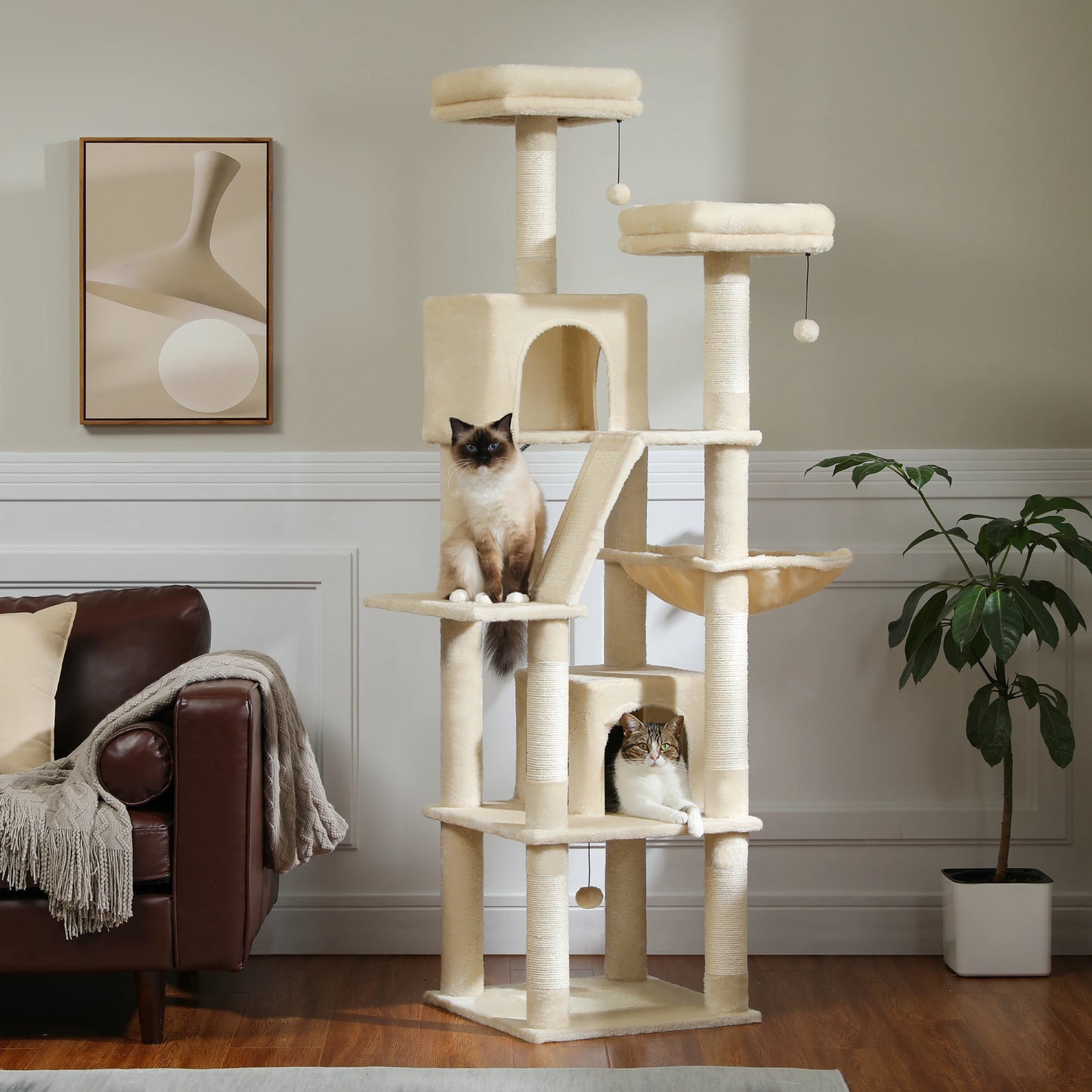 Kattenboom - Sisal Krabpalen - Kitten Krabpaal - Katten Klimmuur - Arbre a Chat - Meerdere Verdiepingen - Grote - 180cm - met Hangmat & Speeltjes - Houten Krabmeubel - voor Binnenkatten - Donkergrijs
