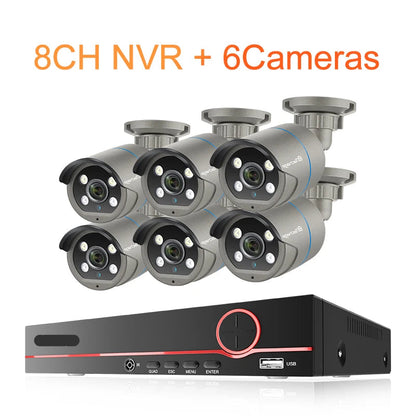 Beveiligingssysteem – CCTV Beveiligingscamera – Surveillance Camera Kit – IP Camera Systeem – 8-kanaals NVR met 6 Camera’s – AI Gezichtsdetectie – Full Color Nachtzicht - QUORE