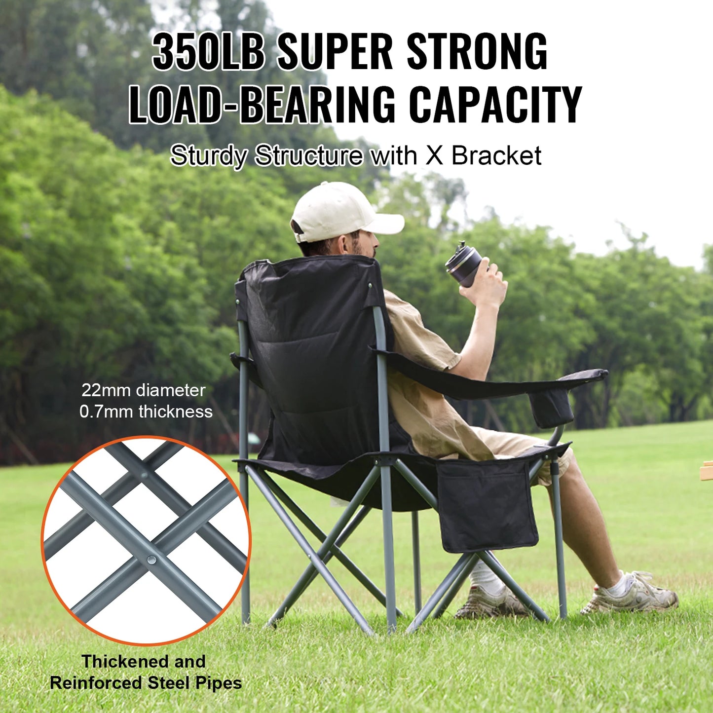 Campingstoel - Vouwstoel - Opvouwbaar - Viss - Strand - Picknick - Inklapbaar - Lichtgewicht - Outdoor Stoel - Lendensteun - Gevoerde Armleuningen - Zwart