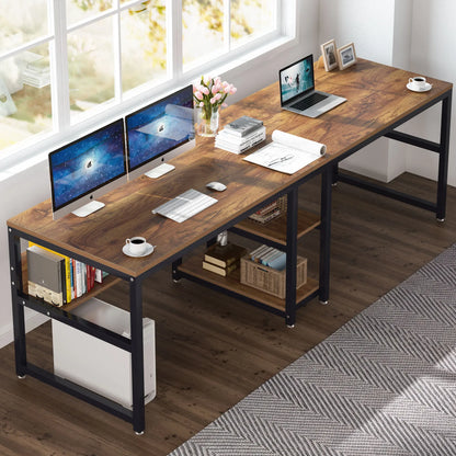 Bureau - Bureautafel - Game Bureau - 78.7" - Dubbele Computertafel - met Boekenplank - Werkstation voor Twee Personen – Ruime Kantoor- & Studiotafel - Zwart - QUORE