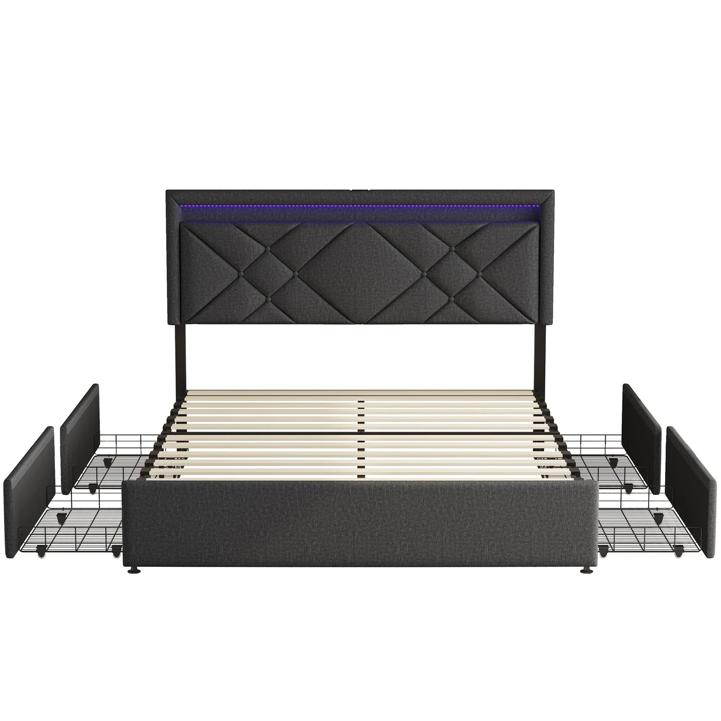 Comanlai 140x200cm/160x200cm Upholstered Bed with 4 Drawers,Headboard with USB Charging Port and LED Lighting,Double Bed,Linen