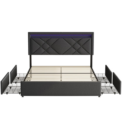Comanlai 140x200cm/160x200cm Upholstered Bed with 4 Drawers,Headboard with USB Charging Port and LED Lighting,Double Bed,Linen