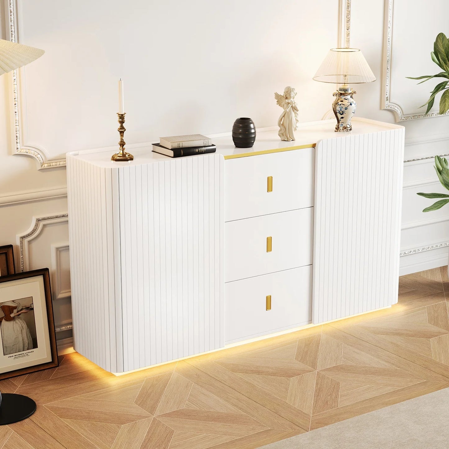 LED dressoir – Buffetkast – Sideboard – Ladekast – Wit – 150 cm breed – Kleurveranderende LED-verlichting – Ruime Opbergladen