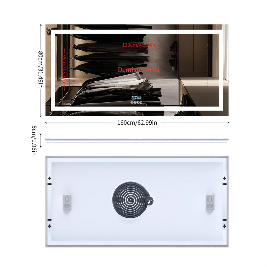 Badkamerspiegel - met LED - Spiegel - Smart Spiegel - Badkamerspiegel met Verlichting - Anti-fog - Dimbaar - Backlit + Front Lit - Digitale Weergave - met Bluetooth - Wandmontage - Waterdicht - Energiezuinig - 1600x800mm