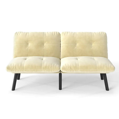 Cream-colored, foldable modern sofa bed – 2-seater futon couch with sleeping function, space-saving guest bed