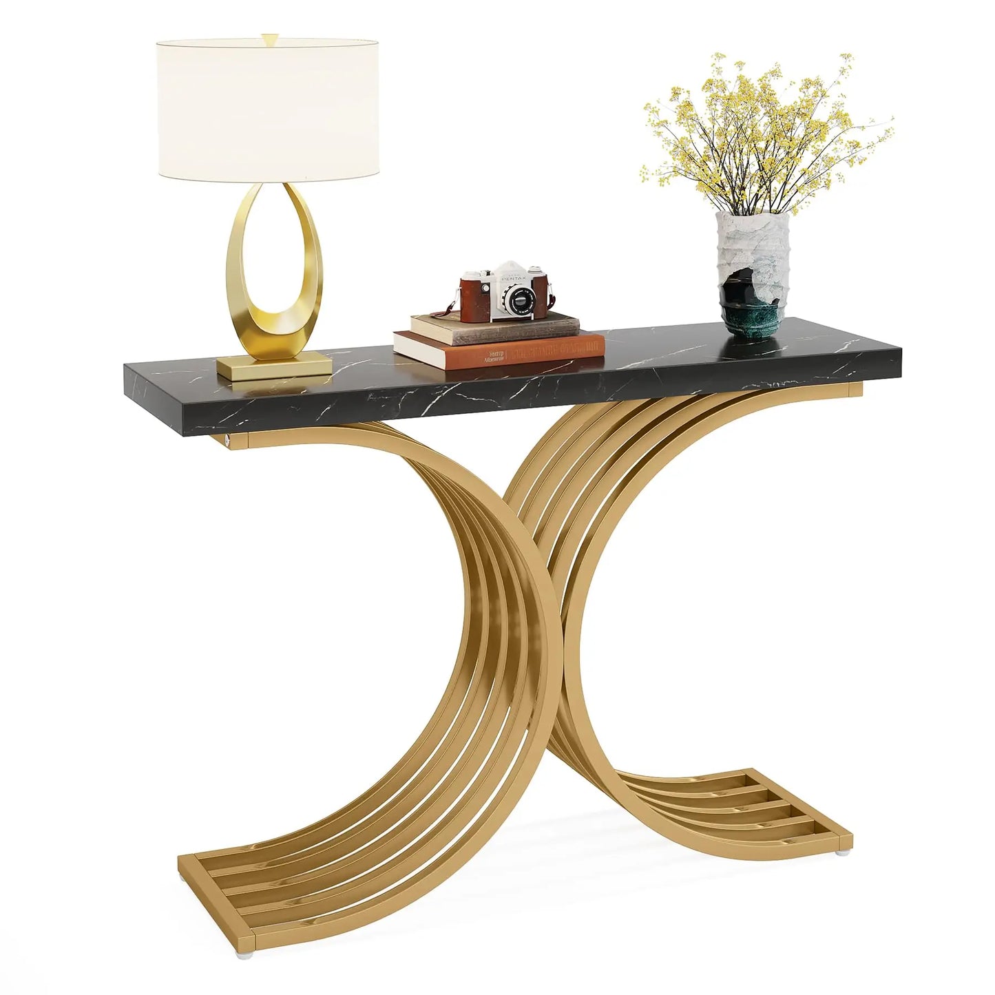 Sidetable – Haltafel – Bijzettafel – Smalle Tafel – Neoklassiek Design – Massief Houten Blad – Metalen Frame - QUORE