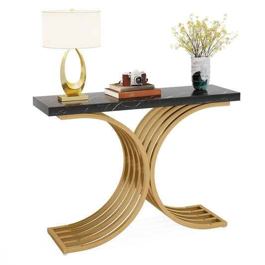 Sidetable – Haltafel – Bijzettafel – Smalle Tafel – Neoklassiek Design – Massief Houten Blad – Metalen Frame - QUORE