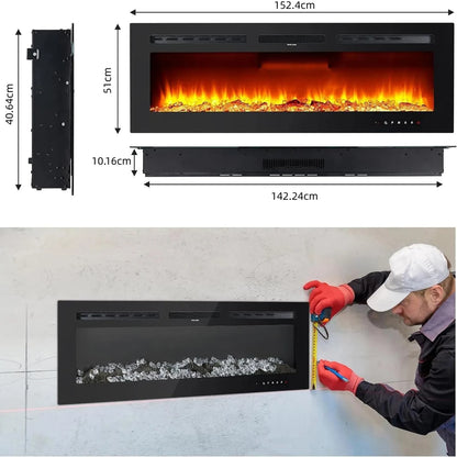 Elektrische Wandhaard – Sfeerverwarmer – Inbouwhaard – Muurhaard – Elektrische Haard – 60 Inch – 1500W Verwarming – 3D Vlameffect Met 12 LED Kleuren