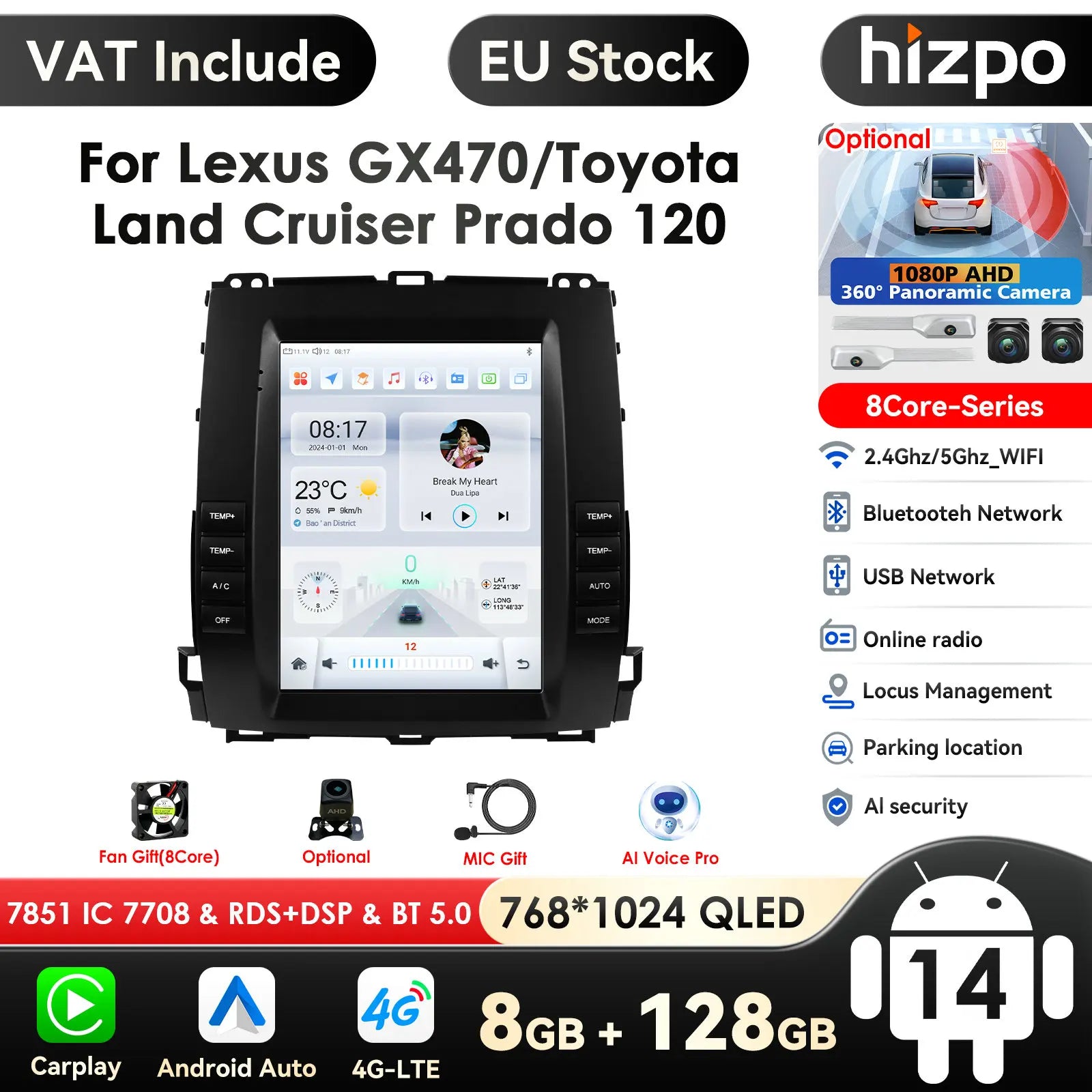 9.7'' inch screen Carplay 4G 2Din Android Car Radio for Toyota Land Cruiser Prado 120 2002-2009 Lexus GX470 GPS Multimedia Video - QUORE