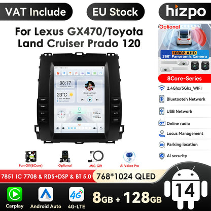 9.7'' inch screen Carplay 4G 2Din Android Car Radio for Toyota Land Cruiser Prado 120 2002-2009 Lexus GX470 GPS Multimedia Video - QUORE