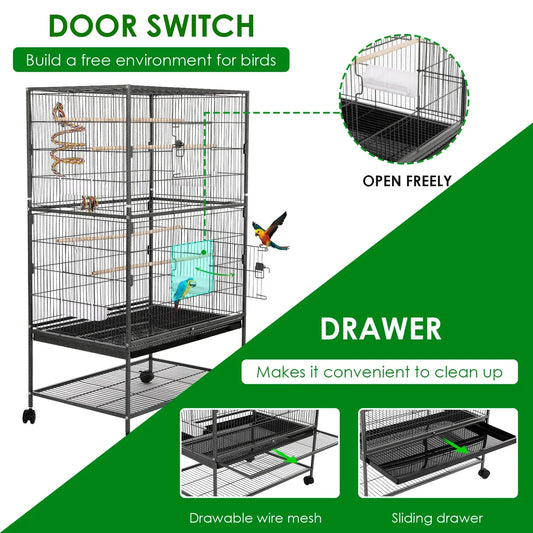 Vogelkooi – Vogelkooi Op Wieltjes – Vogelkkooi Klein – Parkietenkooi – Metalen Kooi – 52x78x132 Cm – 4 Houten Zitstokken