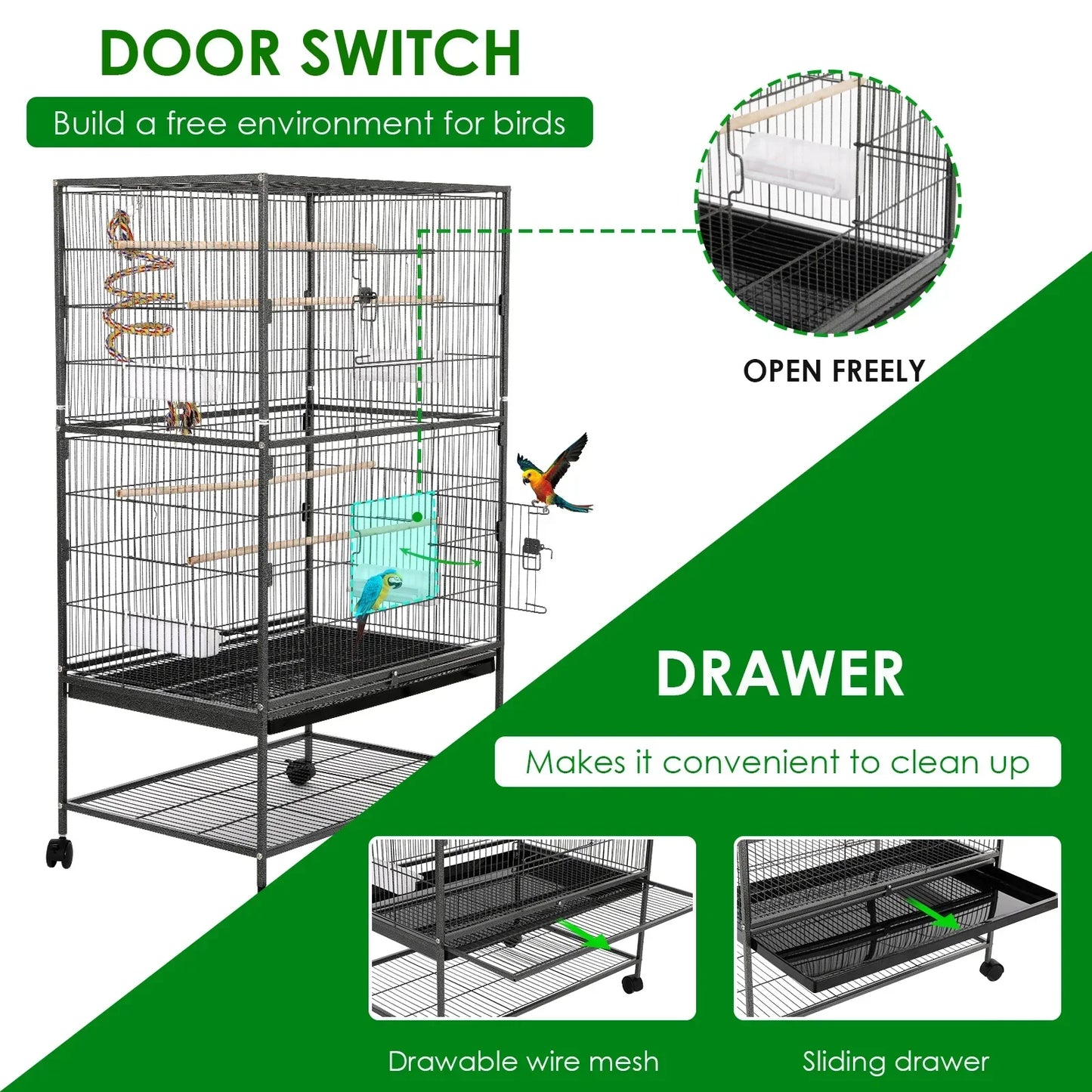 Vogelkooi – Vogelkooi Op Wieltjes – Vogelkkooi Klein – Parkietenkooi – Metalen Kooi – 52x78x132 Cm – 4 Houten Zitstokken