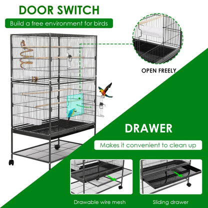 Vogelkooi – Vogelkooi Op Wieltjes – Vogelkkooi Klein – Parkietenkooi – Metalen Kooi – 52x78x132 Cm – 4 Houten Zitstokken