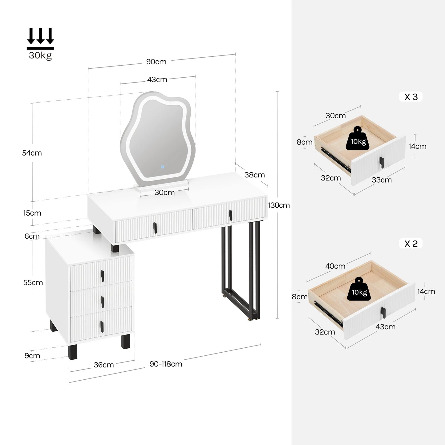 Kaptafel – Make-uptafel – Schminktisch – Dressing Table – Verlichte Kaptafel – Verstelbare LED-Spiegel – 5 Lades – Glanzend Wit MDF