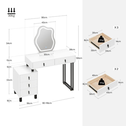 Kaptafel – Make-uptafel – Schminktisch – Dressing Table – Verlichte Kaptafel – Verstelbare LED-Spiegel – 5 Lades – Glanzend Wit MDF