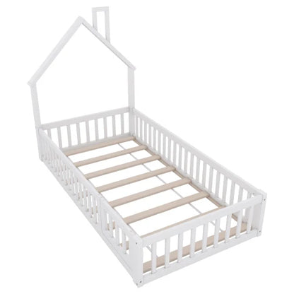 Kinderbed Tweepersoonsbed - Bed in Huis Design met Schoorsteen - Massief Houten - Bed met Lattenbodem -  90 x 200 cm  –  Wit