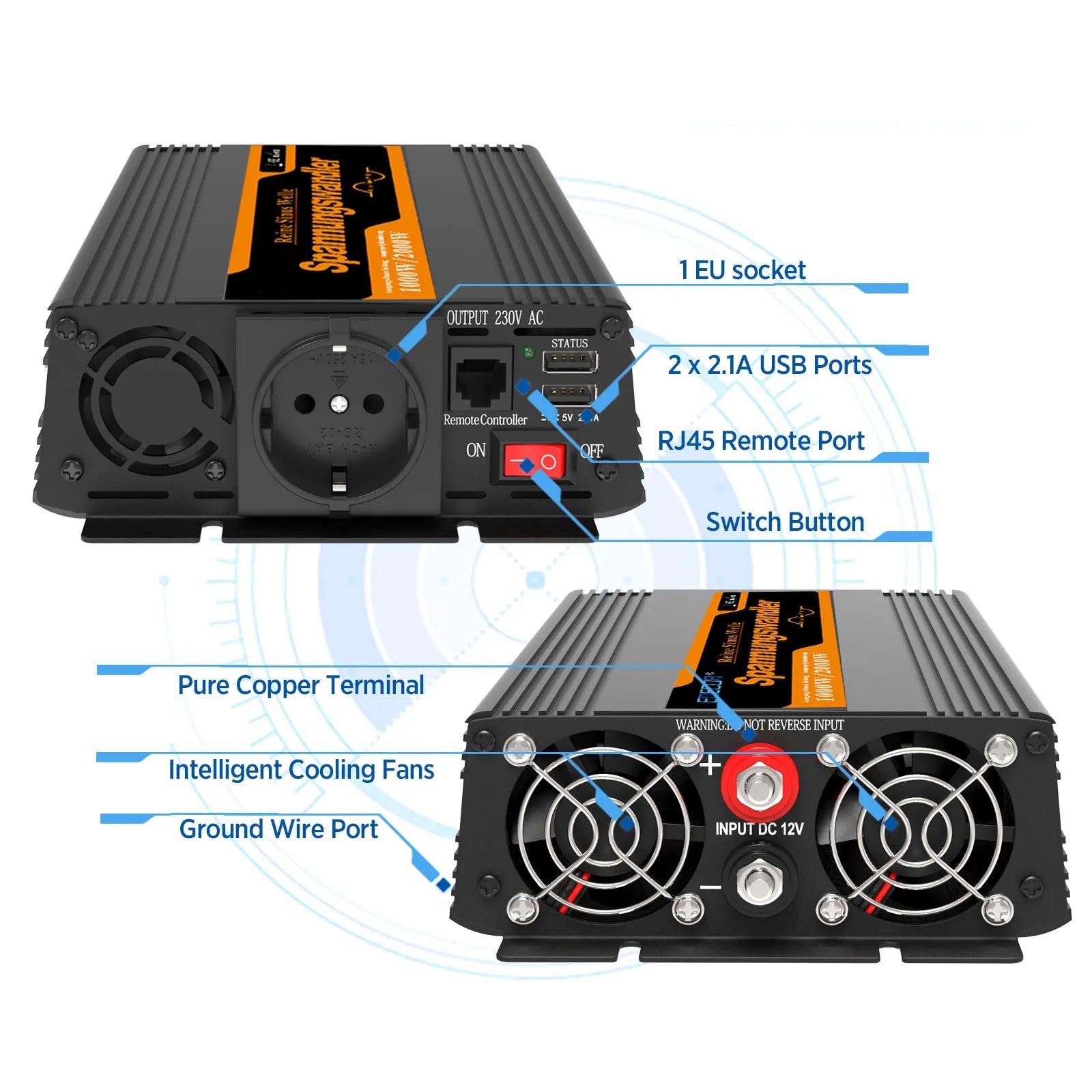 Omvormer – Stroomomvormer – Inverter – DC/AC Converter – 12V - 1000W Continu Vermogen – Pure Sinusgolf Output - QUORE