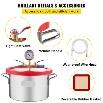 Vevor - Vacuum Chamber - 1.5 Gallon Vacuum Degassing Chamber - Glass Lid - Stainless Steel Degassing Chamber - Silicone for Gas Extraction - Silver