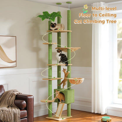 Kattenboom - Kitten Krabpaal - Katten Klimmuur - Sisal Krabpalen - Verstelbare Hoogte 230-255cm - Meerdere Verdiepingen - Cactus Floor to Ceiling - Arbre a Chat - Hangmatten - Roze