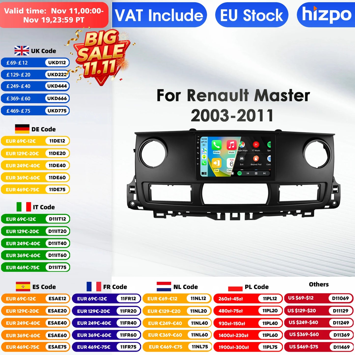 Hizpo Snapdragon Carplay Ai Systems Android Car Radio for Renault Master 2003 - 2011 Multimedia Video Player Gps Autoradio Rds