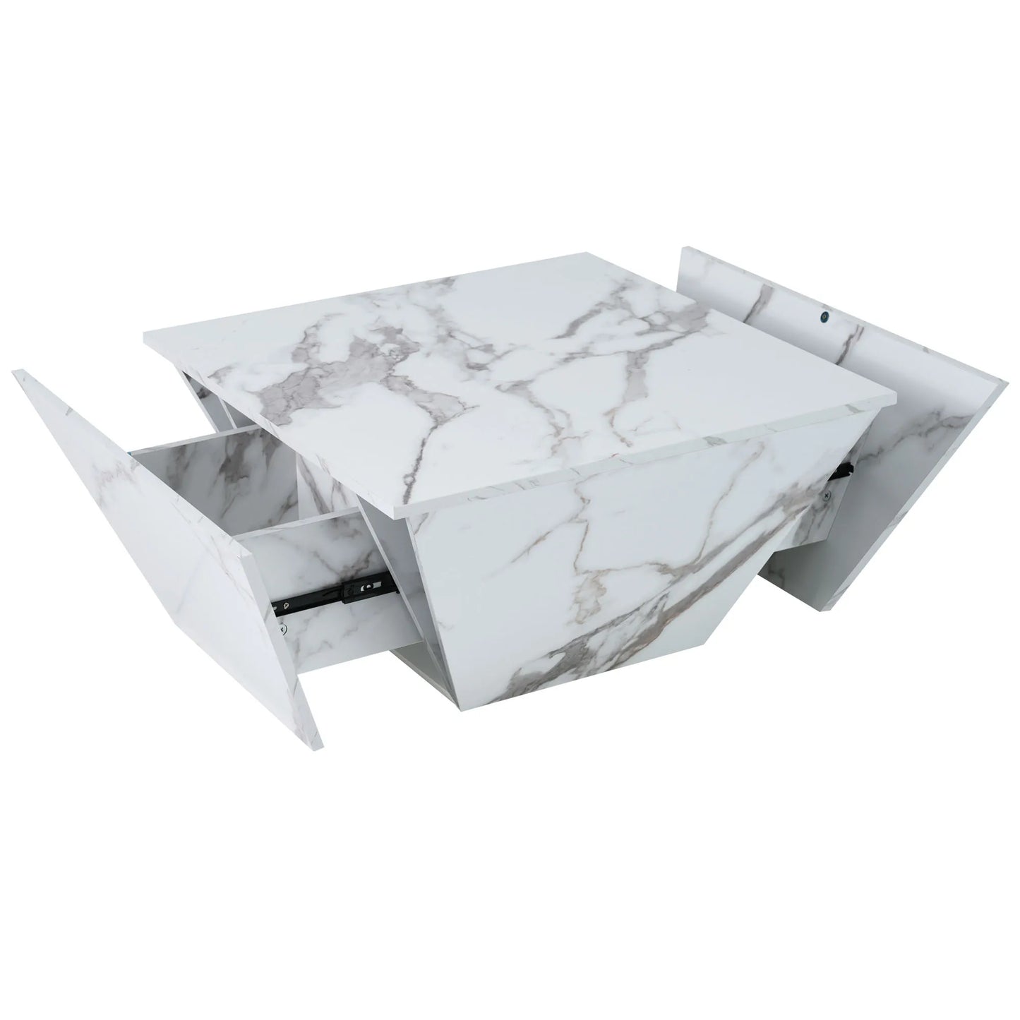 Salontafel – Koffietafel – Woonkamertafel – Tafel Met Opbergruimte – Trapeziumvormige Tafel – MDF Met Wit Marble Veneer – 2 Lades – 70x70x37 cm