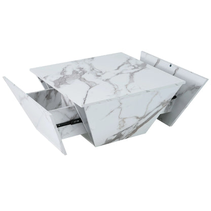 Salontafel – Koffietafel – Woonkamertafel – Tafel Met Opbergruimte – Trapeziumvormige Tafel – MDF Met Wit Marble Veneer – 2 Lades – 70x70x37 cm