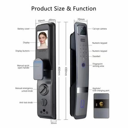 Smart Deurslot – Slimme Deursloten – Elektronisch Slot – App Slot – Gezichtsherkenning – Aluminium Behuizing – Ingebouwde Camera - Gezicht Herkenning - 30x300