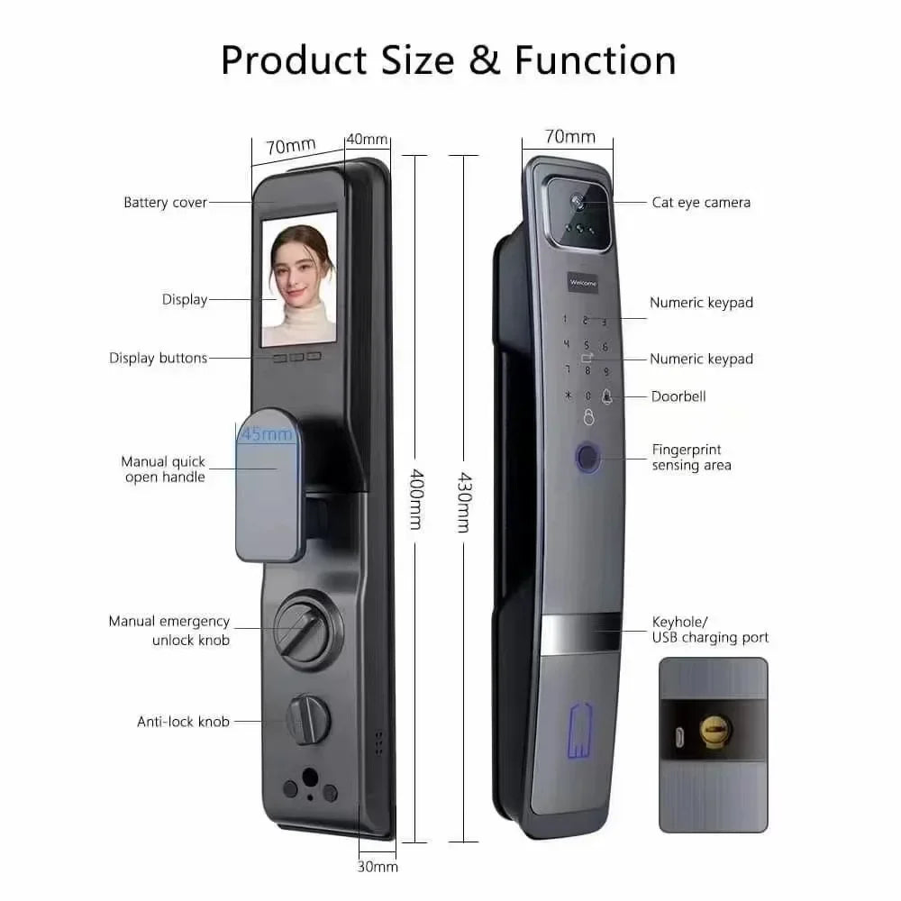 Slimme Deurslot – Elektronisch Slot – Digitale Deurslot – Wifi Deurslot – 3D Gezichtsherkenning – Ingebouwde Wifi - Vingerafdruk - 24x280