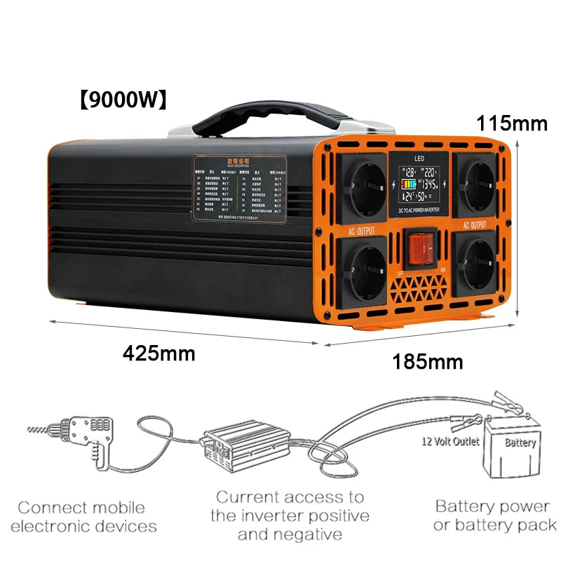 Pure Sinusomvormer – Spanningsomzetter – Stroomomzetter – Inverter – Omvormer 9000W 12V – Zuivere Sinusgolf 50Hz – Hoog Rendement 93% - QUORE