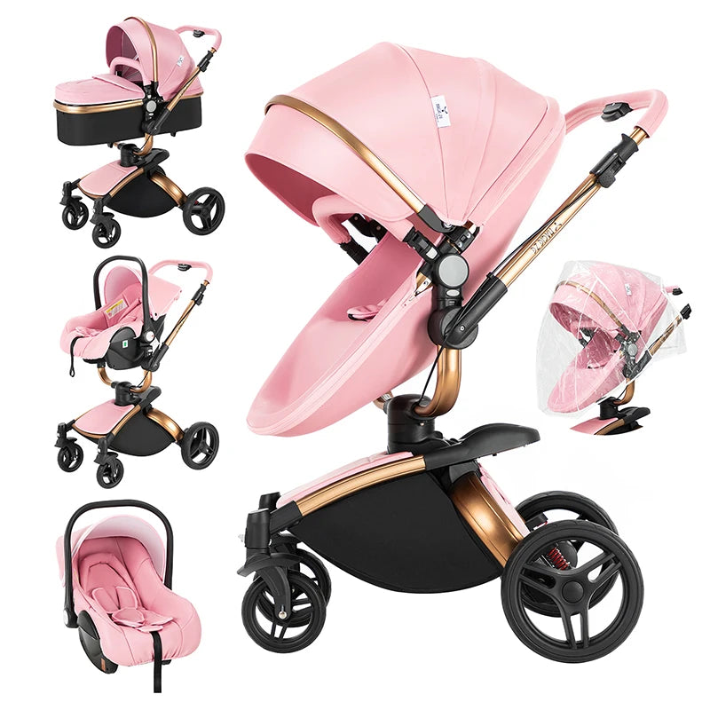 Kinderwagen - Babywagen - Buggy - Wandelwagen - 3-in-1 - met Reiswieg - en Autostoel - Opvouwbare Babystoel - Lichtgewicht - voor Baby's - en Peuters - Roze
