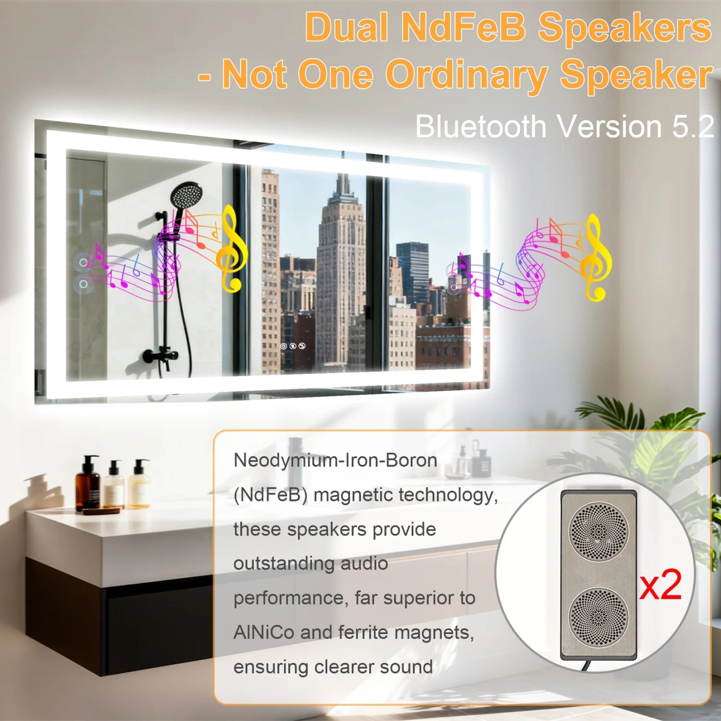 LED Badkamerspiegel – Spiegel Met Bluetooth Speaker – Make-up Spiegel – Verlichte Spiegel – Badkamer Wandspiegel – 100 x 70 cm – Anti-Fog – Dimmbare LED Verlichting