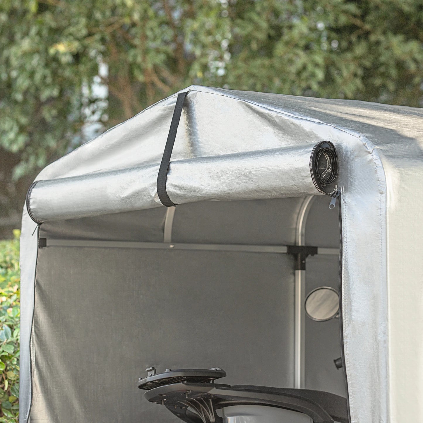Fietsenstalling – Fietsberging – Fietsenhok – Gereedschapsschuur – Tuinberging – Grijs – Aluminium Frame – Waterdichte PE Cover – 159x165x219 cm - QUORE