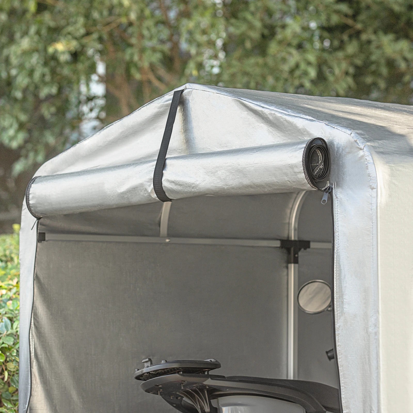 Fietsenstalling – Fietsberging – Fietsenhok – Gereedschapsschuur – Tuinberging – Grijs – Aluminium Frame – Waterdichte PE Cover – 159x165x219 cm - QUORE