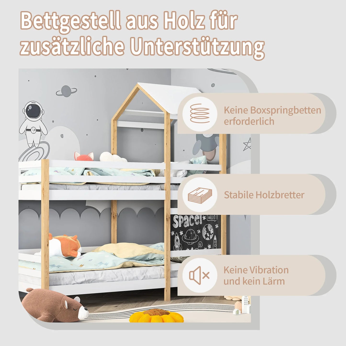 Hoogslaper – Kinderhoogslaper – Huisbed – Speelbed – Bed met veiligheidsrand – MDF en dennenhout – 90x200 cm – Speels ontwerp
