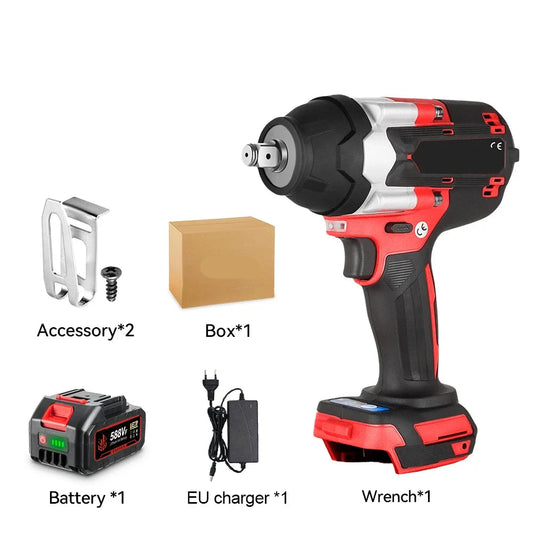 Slagmoersleutel - Slagmoermachine - Slagschroevendraaier - 1800Nm - 1/2 Inch - Krachtige - Brushless - met 1 Accu & EU Stekker – Voor 21V/18V Batterij - Rood