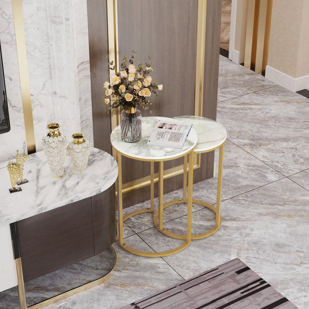 Ronde Tafel - Sintersteen - Eettafel - Eettafel Rond - Tafels -. Set van 2 - Metalen onderstel - voor woonkamer - Goud